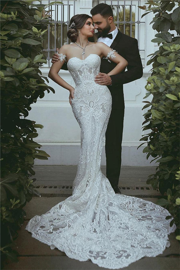 Mermaid Lace Beach Wedding Dress Sweetheart Bridal Gowns with Sleeve Decorations