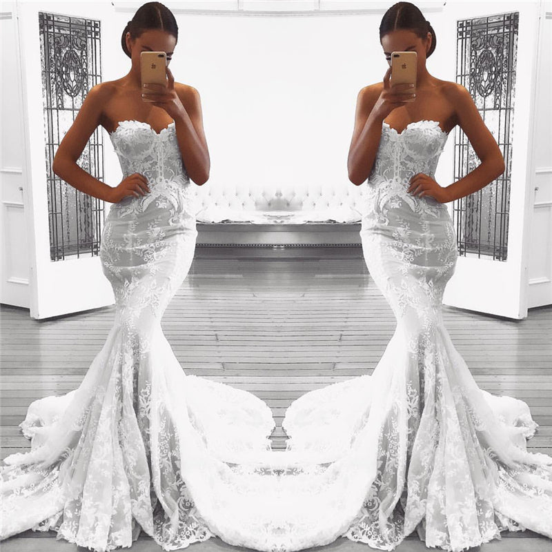 Mermaid Lace Beach Wedding Dresses with Court Train | Strapless Sexy Bridal Gowns