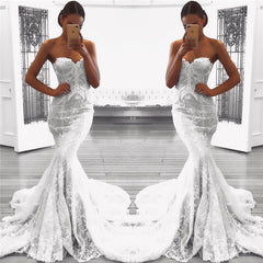 Mermaid Lace Beach Wedding Dresses with Court Train | Strapless Sexy Bridal Gowns