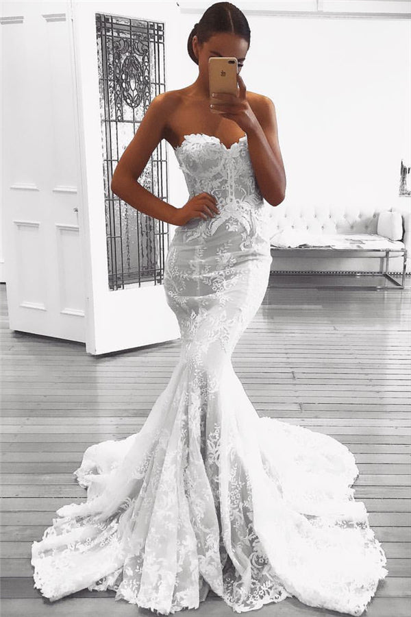 Mermaid Lace Beach Wedding Dresses with Court Train | Strapless Sexy Bridal Gowns