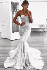 Mermaid Lace Beach Wedding Dresses with Court Train | Strapless Sexy Bridal Gowns