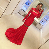 Mermaid Lace Long-Sleeve Sexy Red Sweep-Train Prom Dress BA4628