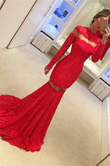 Mermaid Lace Long-Sleeve Sexy Red Sweep-Train Prom Dress BA4628