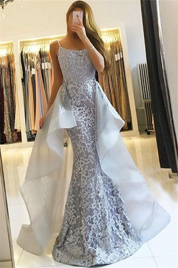 Mermaid Lace New Prom Dresses | Straps Sexy Evening Gown with Tulle Overskirt Train