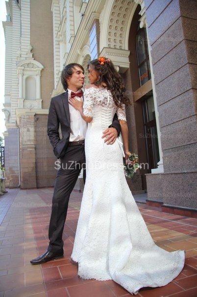 Mermaid Lace Off-the-shoulder Bridal Dress Half Sleeves Wedding Dress