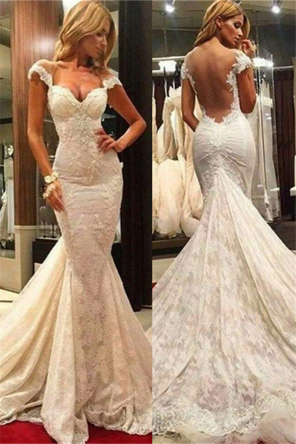Mermaid Lace Wedding Dresses | Sheer Tulle Back Sexy Bridal Gowns with Chapel Train