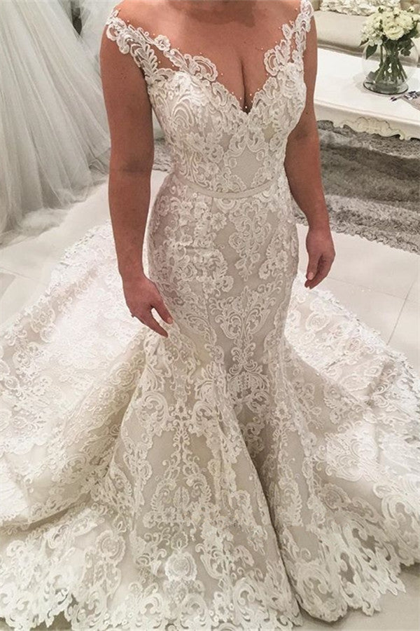 Mermaid Lace Wedding Dresses Tulle Sleeveless Sexy Bridal Gowns with Long Train