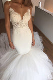 Mermaid Lace Wedding Dresses | V-neck Straps Open Back Sexy Bridal Dresses with Tulle Train