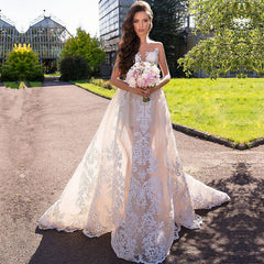 Mermaid Lace Wedding Dresses for Beach | Open Back Sexy Detachable Overskirt Bridal Gowns
