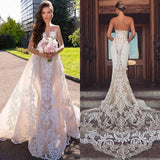 Mermaid Lace Wedding Dresses for Beach | Open Back Sexy Detachable Overskirt Bridal Gowns