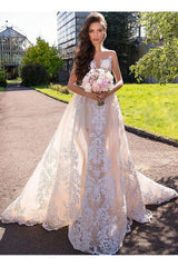 Mermaid Lace Wedding Dresses for Beach | Open Back Sexy Detachable Overskirt Bridal Gowns