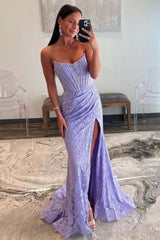 Mermaid Lilac Prom Dress Strapless Corset Formal Dress With Appliques
