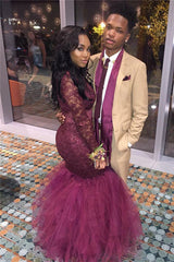 Mermaid Long Sleeve Prom Dresses Lace Tulle Popular Burgundy Evening Gown FB0010