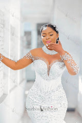 Mermaid Long Sleeve Wedding Dress Luxury Beaded Bridal Gown with Ruffled Skirt