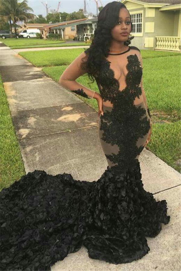 Mermaid Long-Train Sleeves Appliques Sexy Sheer Lace Gorgeous Black Prom Dress BA6029