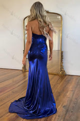 Mermaid Metallic Dark Purple Prom Dress Strapless Long Formal Dress With Slit