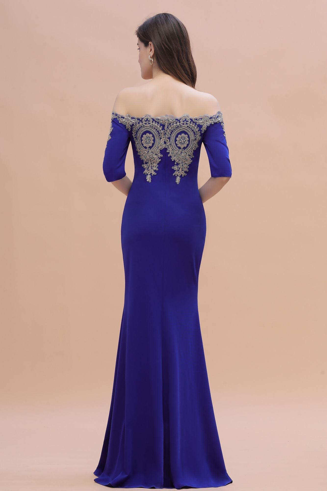 Mermaid Off-Shoulder Chiffon Lace Half Sleeve Evening Dress in Stock