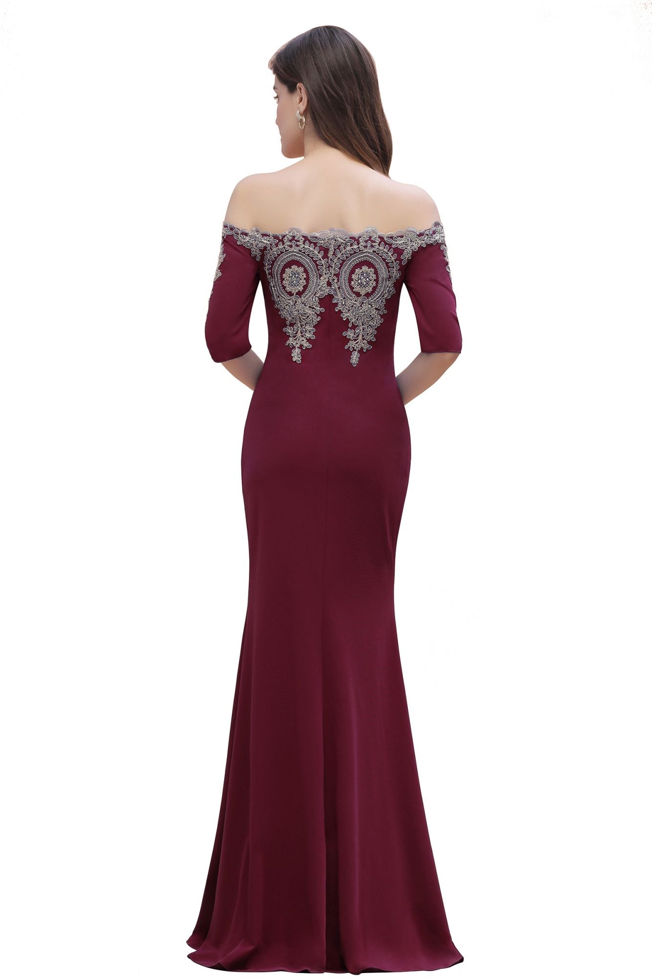 Mermaid Off-Shoulder Chiffon Lace Half Sleeve Evening Dress in Stock