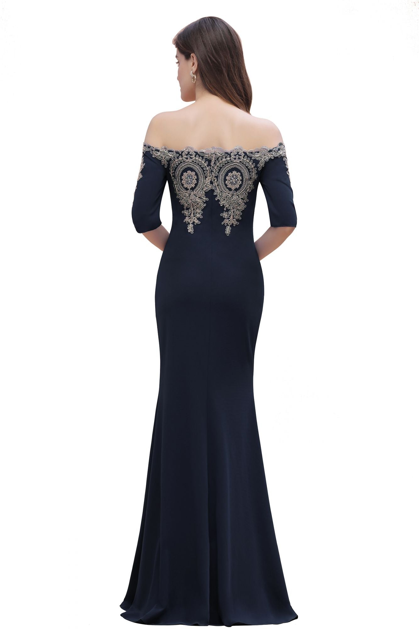 Mermaid Off-Shoulder Chiffon Lace Half Sleeve Evening Dress in Stock