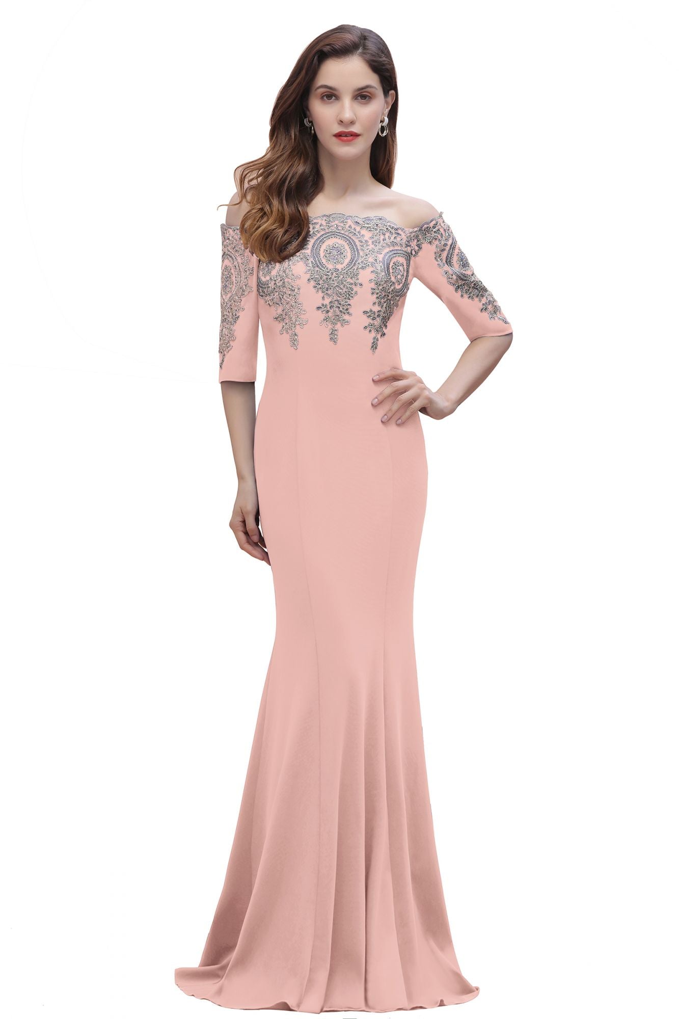 Mermaid Off-Shoulder Chiffon Lace Half Sleeve Evening Dress in Stock
