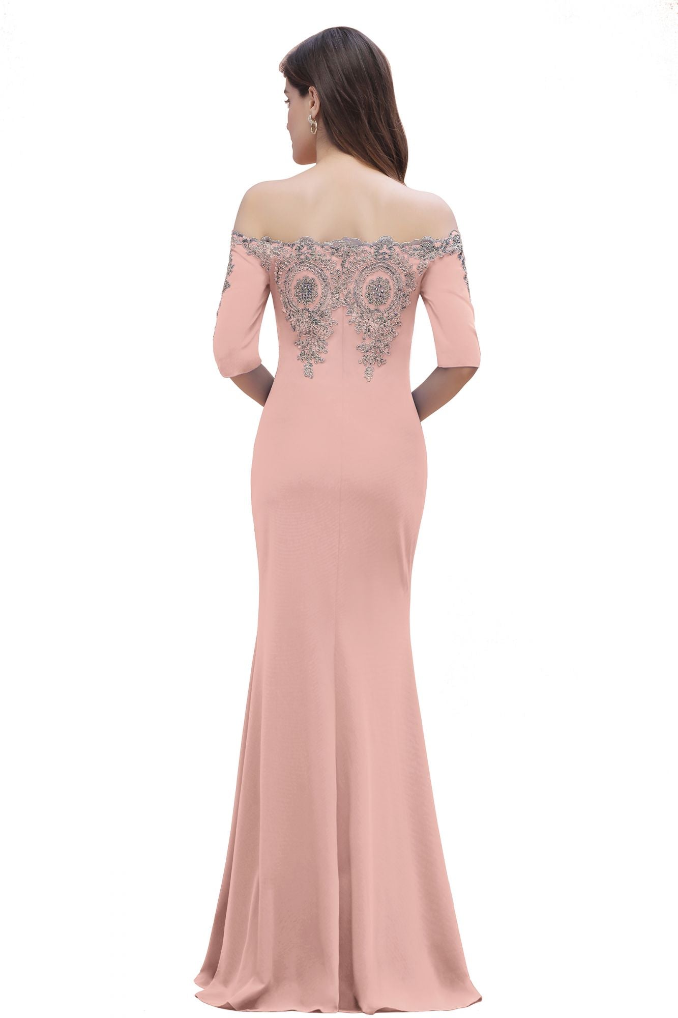 Mermaid Off-Shoulder Chiffon Lace Half Sleeve Evening Dress in Stock