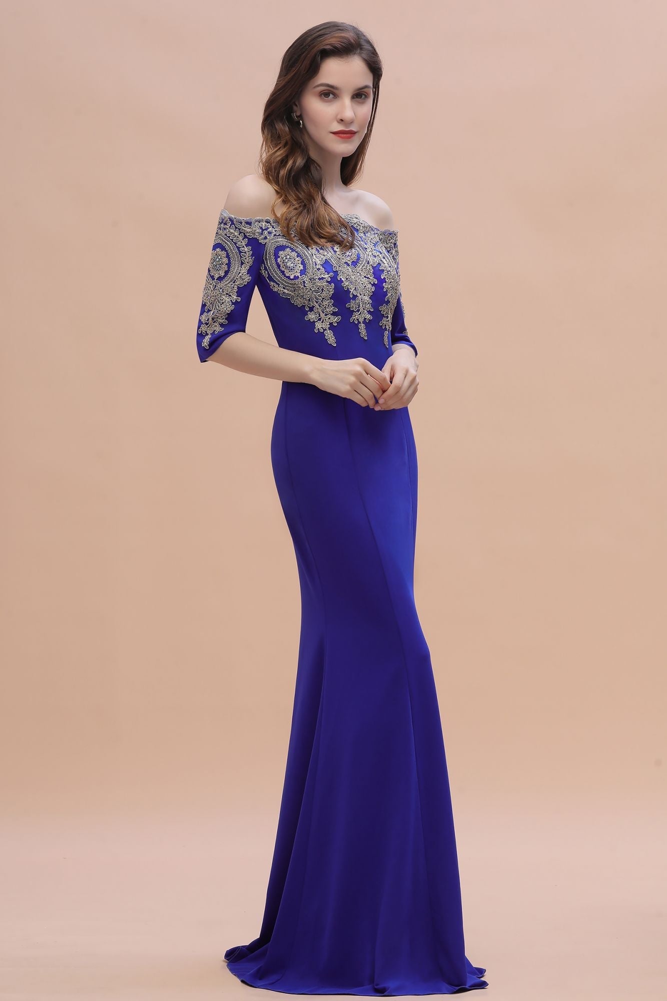 Mermaid Off-Shoulder Chiffon Lace Half Sleeve Evening Dress in Stock