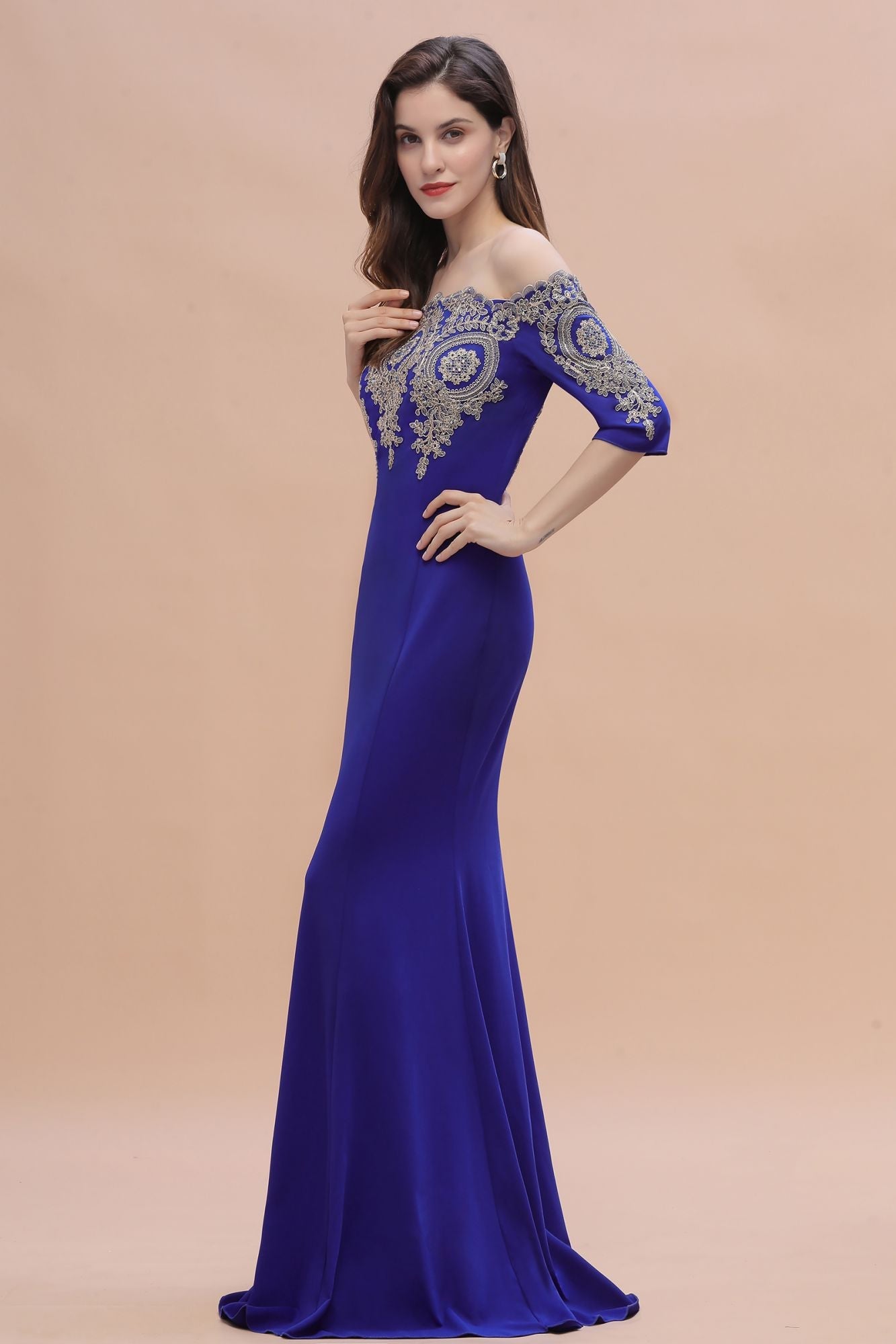 Mermaid Off-Shoulder Chiffon Lace Half Sleeve Evening Dress in Stock