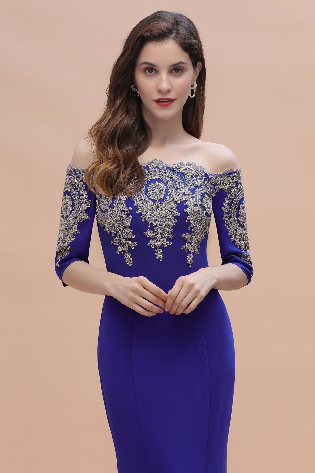 Mermaid Off-Shoulder Chiffon Lace Half Sleeve Evening Dress in Stock
