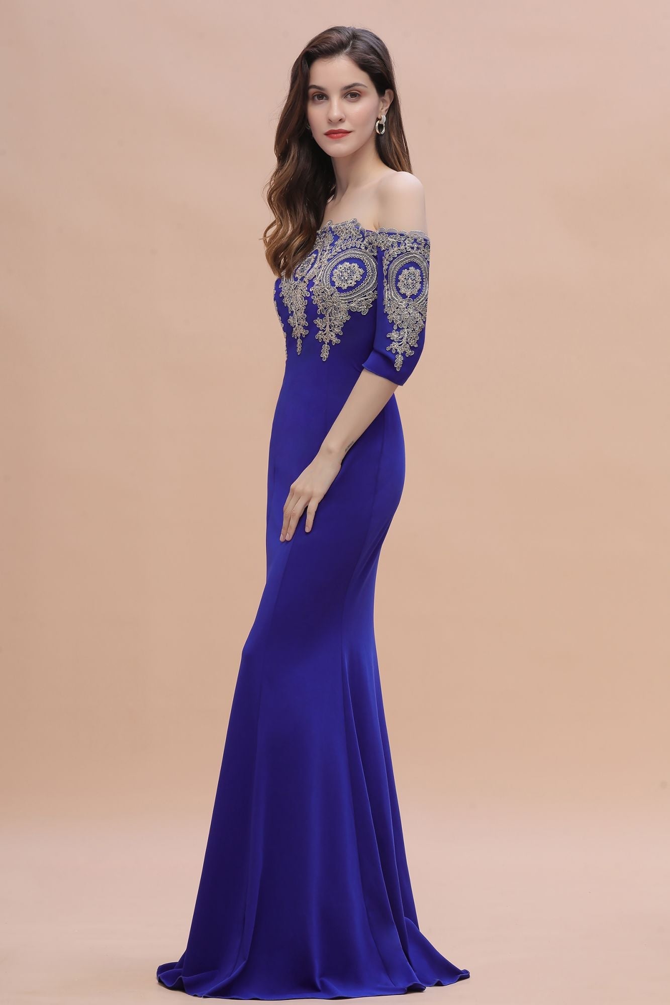 Mermaid Off-Shoulder Chiffon Lace Half Sleeve Evening Dress in Stock
