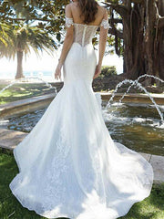 Mermaid Off Shoulder Strapless Lace Tulle Short Sleeve Bridal Gowns Romantic Wedding Dresses Sweep Train