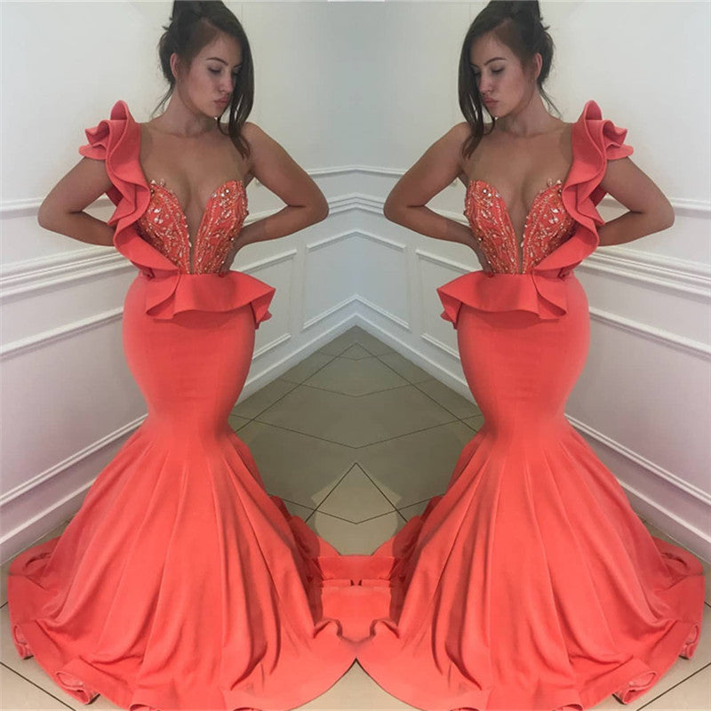 Mermaid One Shoulder Beading Sexy Prom Dresses | Sleeveless Sequins Evening Dress BA9782