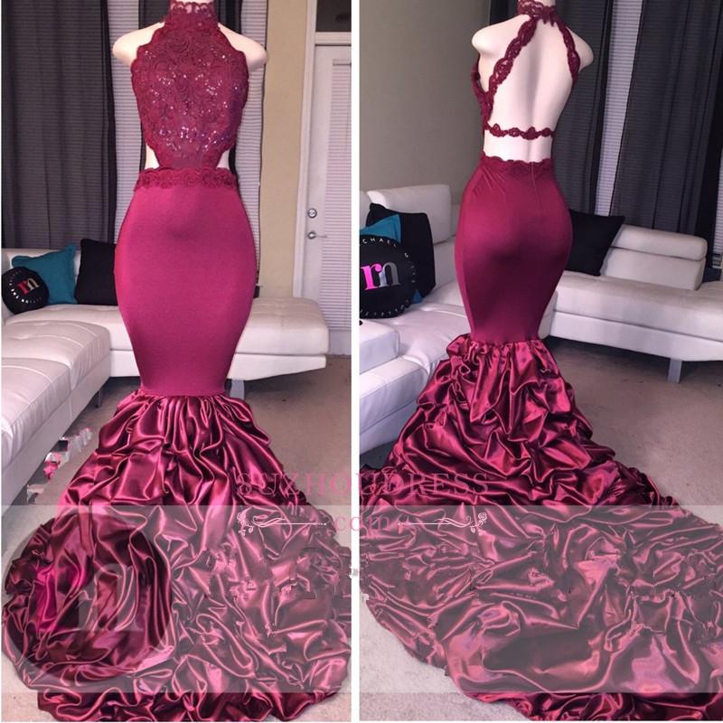 Mermaid Open Back Lace Evening Dress High Neck Beadings Newest Prom Dress