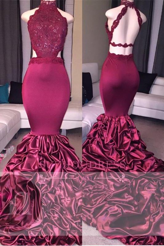 Mermaid Open Back Lace Evening Dress High Neck Beadings Newest Prom Dress
