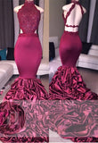 Mermaid Open Back Lace Evening Dress  High Neck Beadings Newest Prom Dress