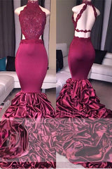 Mermaid Open Back Lace Evening Dress High Neck Beadings Newest Prom Dress