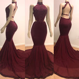 Mermaid Open Back Sexy Burgundy Prom Dresses | High Neck Lace Evening Gowns BC0805