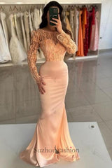 Mermaid Orange Crew Sleeves Lace Floor Length Detachable Panel Train Satin Formal Dress