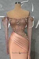 Mermaid Prom Dress Off The Shoulder Satin Beaded Formal Dress With Sleeves
