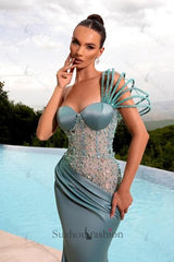 Mermaid Prom Dress One Shoulder Beading Satin Sleeveless Formal Dress