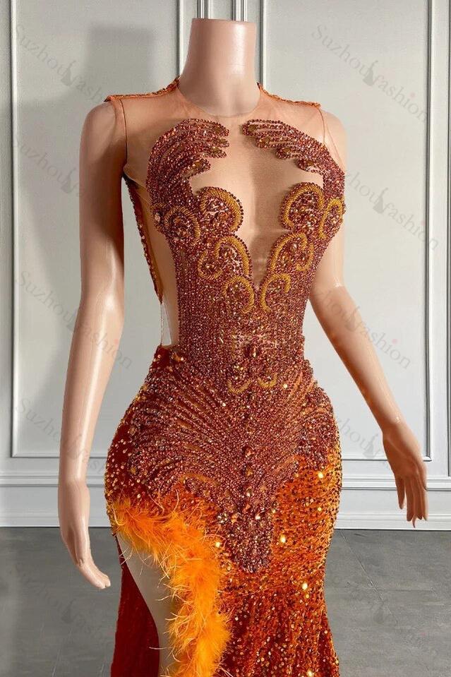 orange sequin prom dress Mermaid Prom Dress Orange Split Sequin Formal Dress with Beadings and Feathers