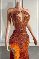 Mermaid Prom Dress Orange Split Sequin Formal Dress with Beadings and Feathers
