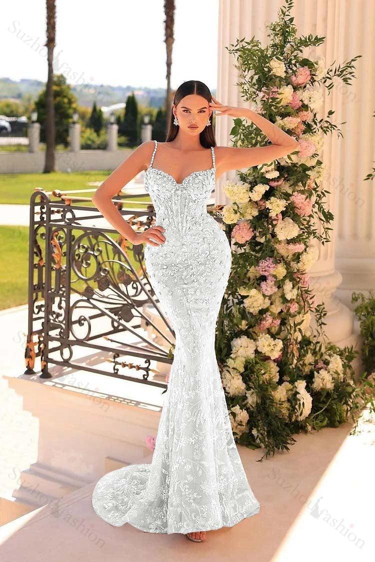 Mermaid Prom Dress Spaghetti Straps Lace Beading Sleeveless Formal Dress