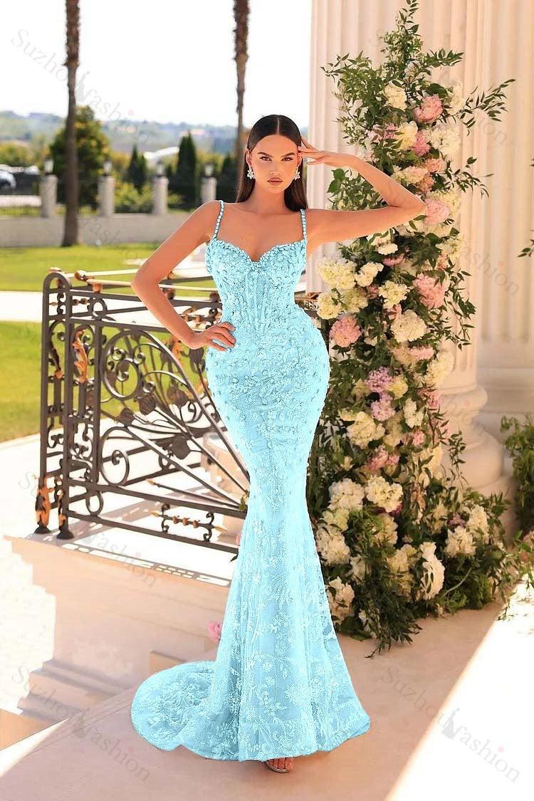 Mermaid Prom Dress Spaghetti Straps Lace Beading Sleeveless Formal Dress