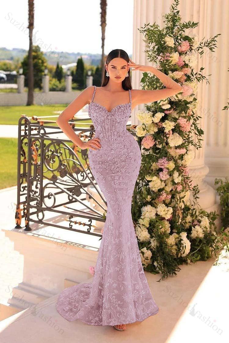 Mermaid Prom Dress Spaghetti Straps Lace Beading Sleeveless Formal Dress