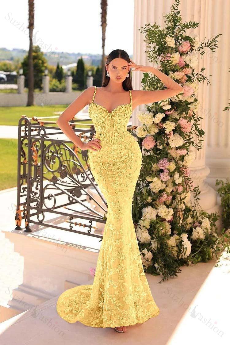 Mermaid Prom Dress Spaghetti Straps Lace Beading Sleeveless Formal Dress