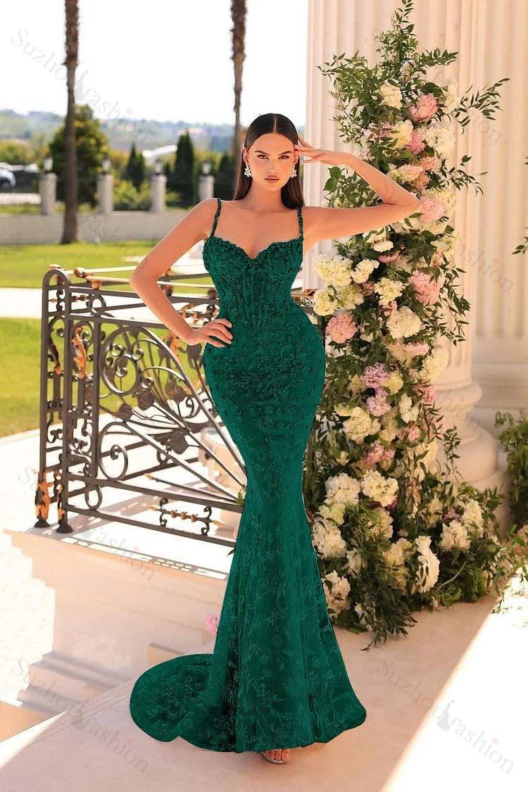 Mermaid Prom Dress Spaghetti Straps Lace Beading Sleeveless Formal Dress