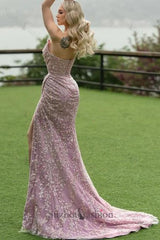 Mermaid Prom Dress Strapless Lace Glitter Sleeveless Formal Dress With Slit