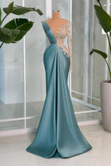 Mermaid Prom Dress V Neck Lace Rhinestones Satin Sleeve Formal Dress