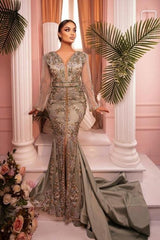 Mermaid Prom Dress V Neck Tulle Sleeves Embroidery Sweep Train Satin Formal Dress With Slit