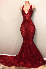 Mermaid Red Sequins Prom Dresses V-neck Sleeveless Long Train Sexy Evening Gown BA7779